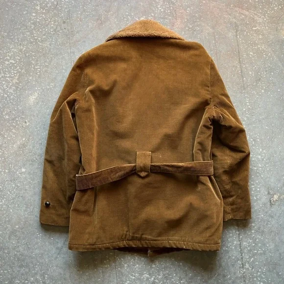 Vintage 70s Tan Corduroy Sherpa Lined Belted Winter Jacket Parka Coat Size 36